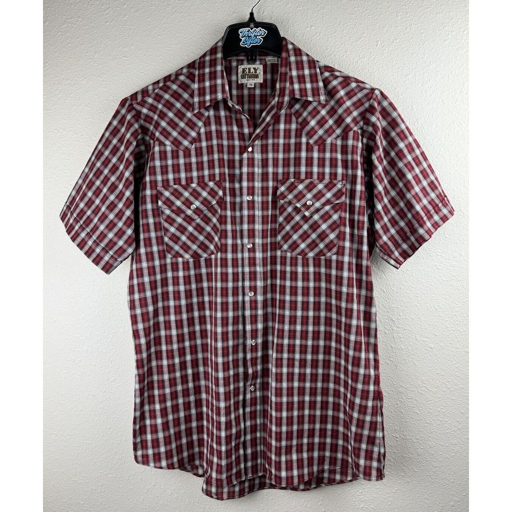 Ely Cattleman Medium Red White Plaid Western Short Sleeve Pearl Snap Shirt
